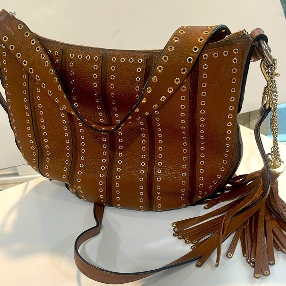 MK Michael Kors Brooklyn Grommet Leather Suede Hobo Crossbody Bag Caramel brown
